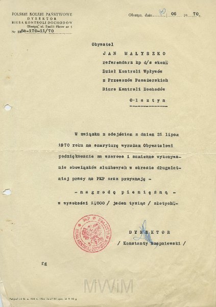 KKE 5612.jpg - Dok. Podziękowanie za wieloletnią współpracę od Polskich Kolei Państwowych w Olsztynie dla Jana Małyszko, Olsztyn, 30 VI 1970 r.